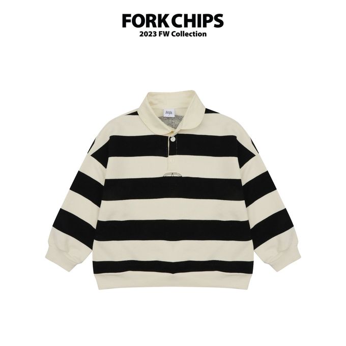 韓國 FORK CHIPS - 極簡翻領寬條紋寬鬆長袖上衣-象牙白X黑