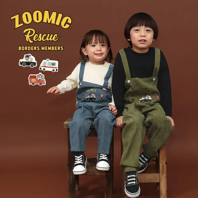 日本 ZOOLAND - 熊熊救援隊 燈芯絨吊帶拼接長袖上衣-警車-白X藍