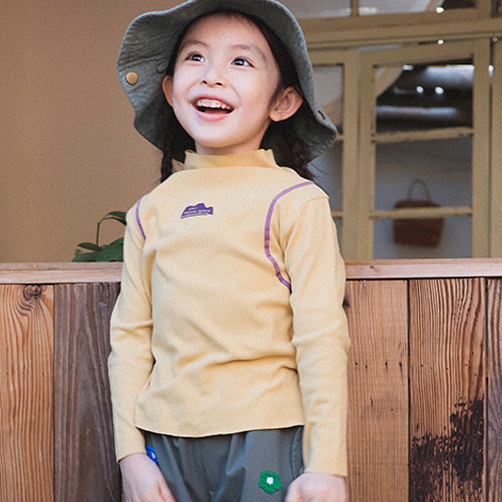 保暖德絨撞色車線半高領長袖上衣-黃色