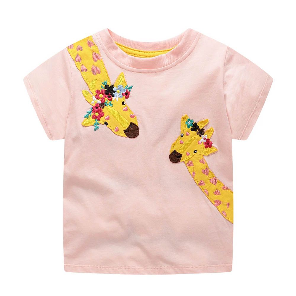 棉質圓領短袖上衣-花卉長頸鹿-粉色