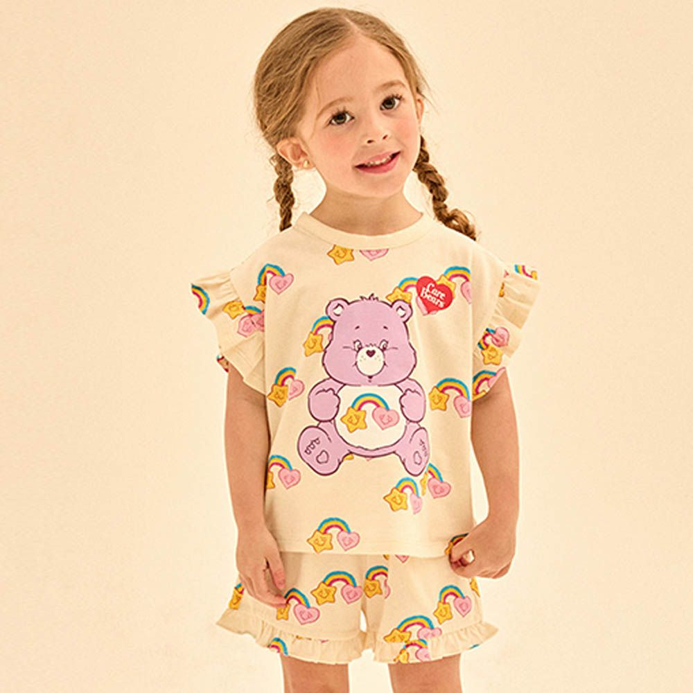 聯名款心星彩虹熊荷葉短袖套裝-米黃