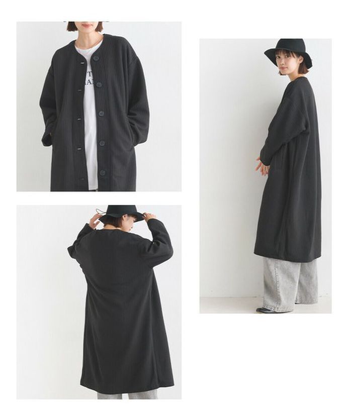 日本 OMNES - 圓領直絎縫修身長版大衣/外套-簡約黑