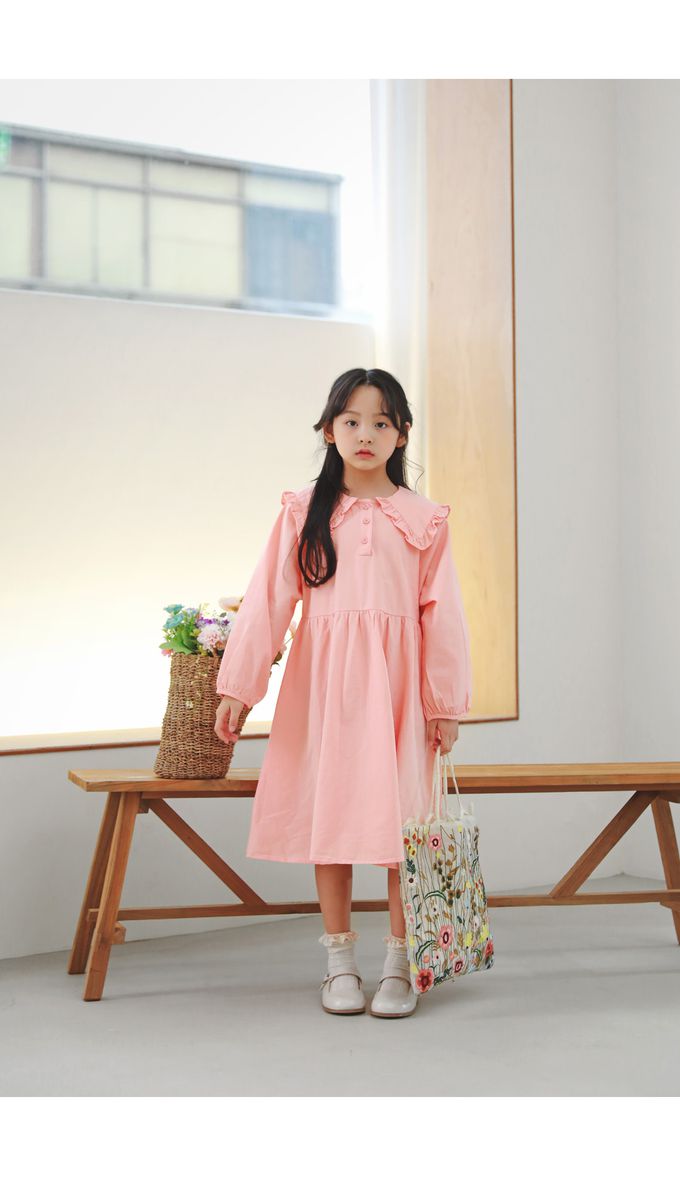 韓國 J KIDS - 優雅公主翻領連身長袖洋裝-蜜桃粉