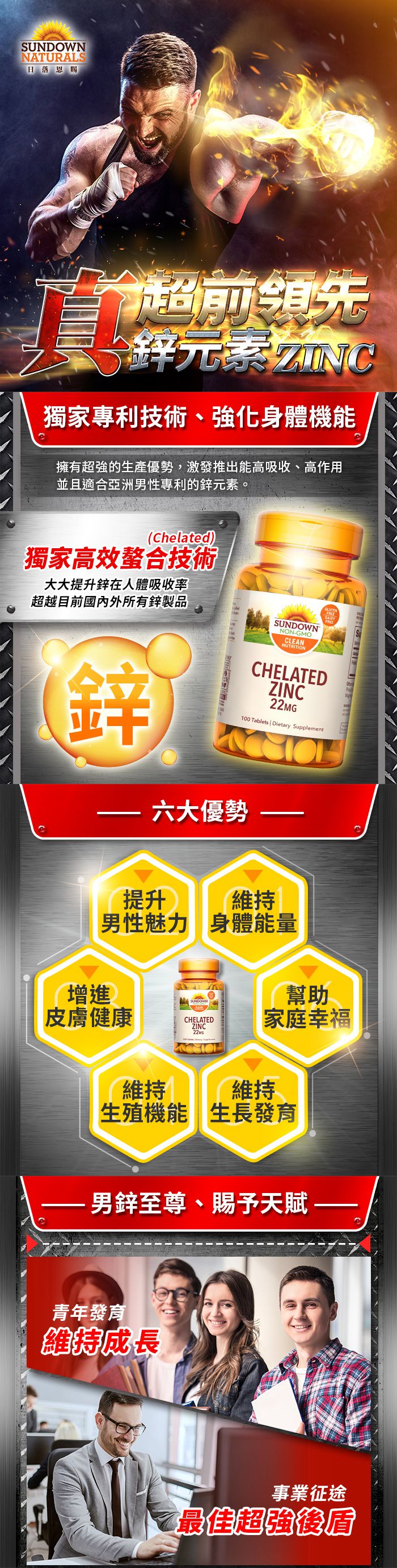 美國Sundown日落恩賜 - 頂級甘胺酸鋅加強錠(男性專屬)-100錠