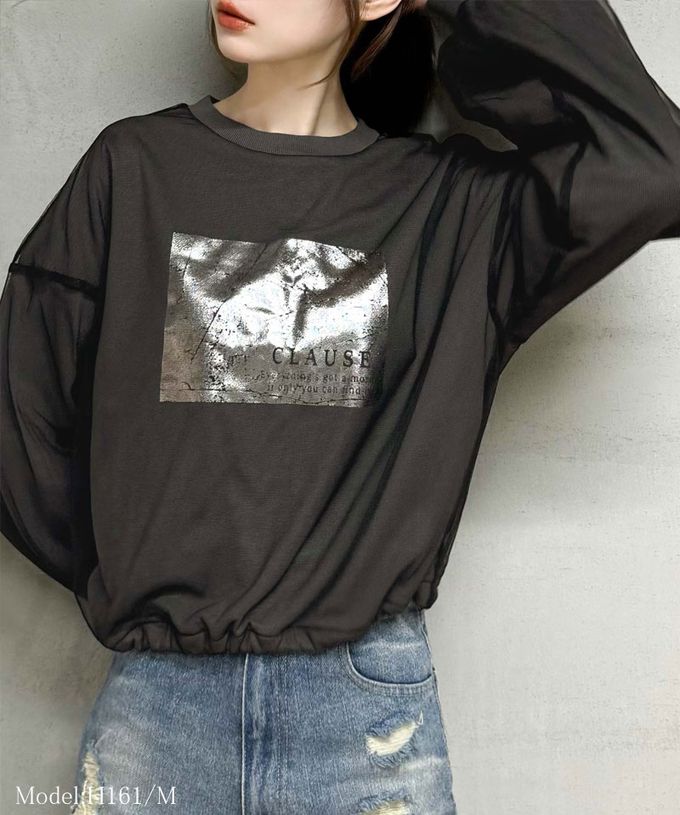 日本 Classical Elf - mily bilet 燙銀印花薄紗分層長袖上衣-時尚黑