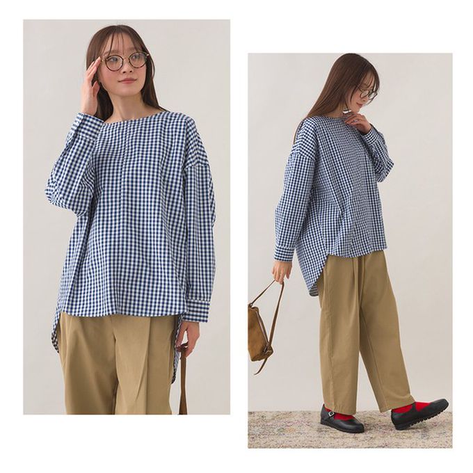 日本 OMNES - 圓弧優雅前短後長修身船領長袖上衣-條紋-藍