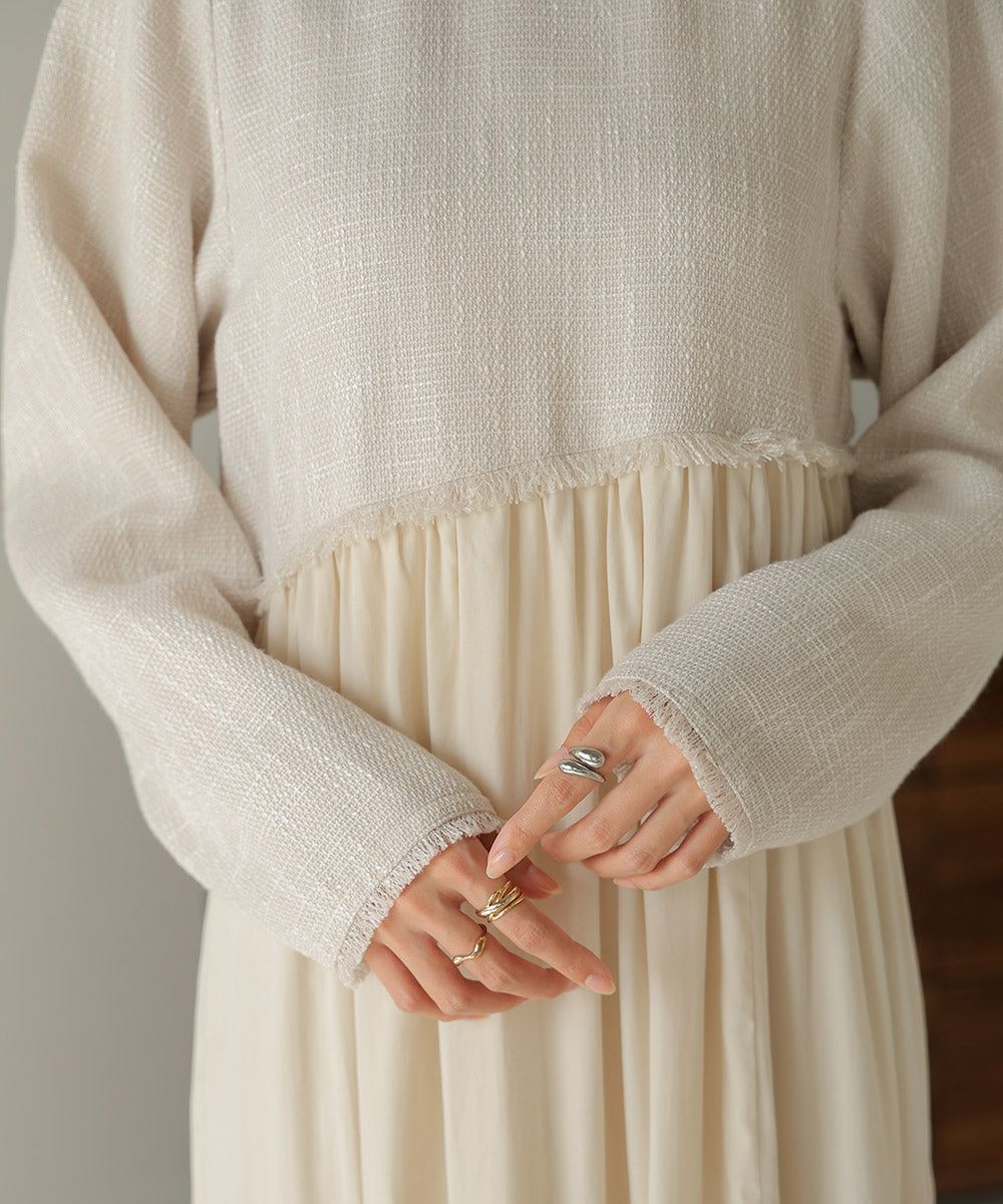 日本 Bab - 仙氣花呢異材質拼接長袖洋裝-黑