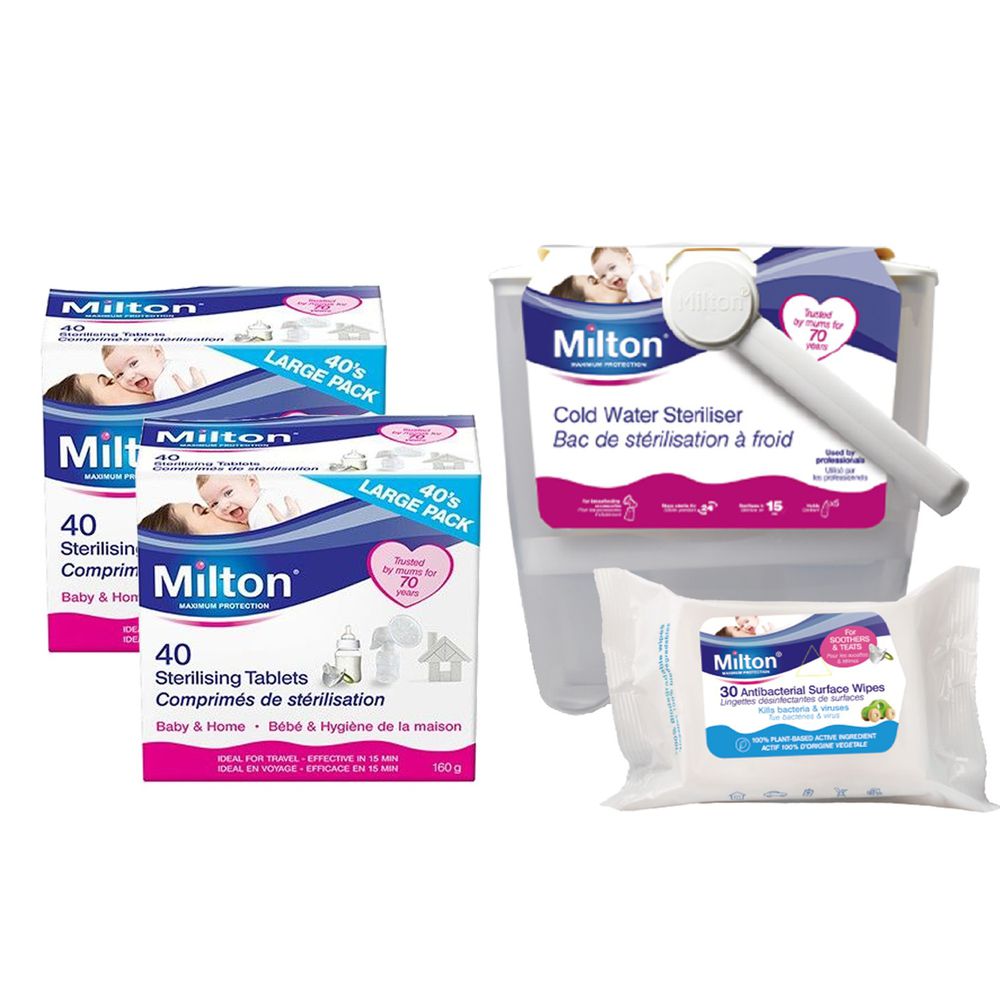 英國米爾頓 Milton - 奶瓶奶嘴消毒器+消毒錠(40入/盒)*2+抗菌濕紙巾(有效期限到:2021/12/31)*1