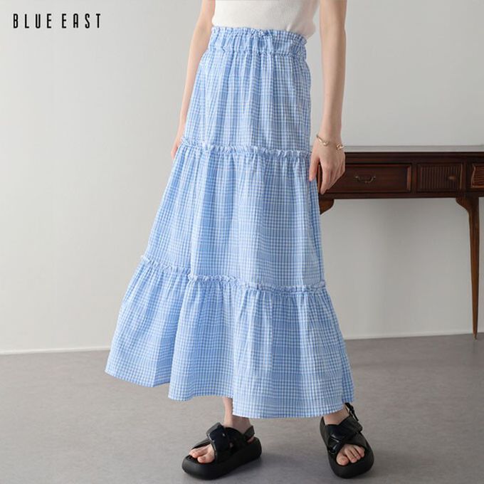 日本 BLUE EAST - 柔美可愛細格紋分層長裙-黑