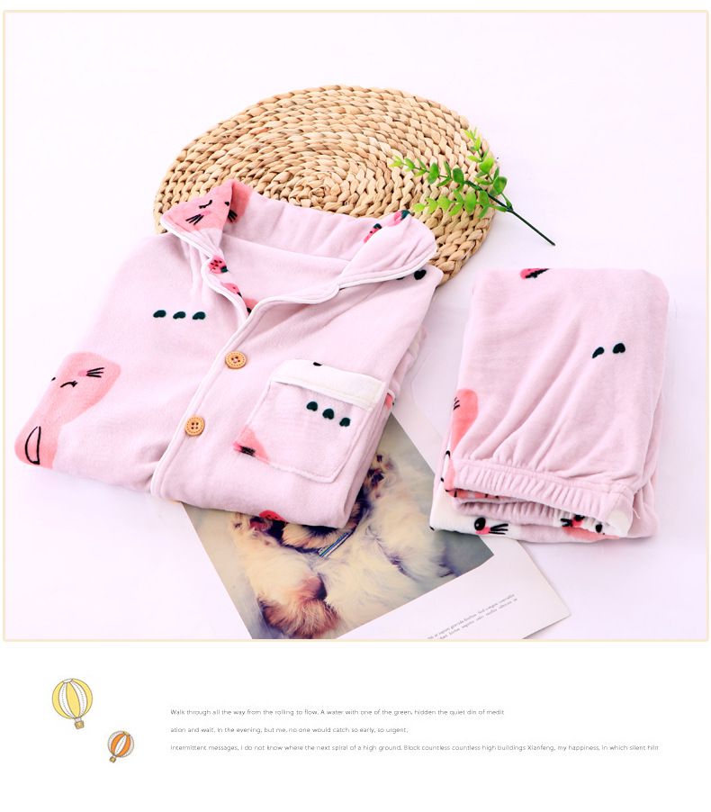 MAMDADKIDS - 水晶絨翻領長袖家居服套裝-萌萌小兔-粉色｜媽咪愛