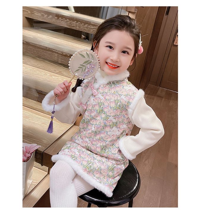 love, charlotte - 喜氣旗袍毛毛鑲邊長袖拜年洋裝-加厚加絨內裡-甜美鬱金香小白兔印花