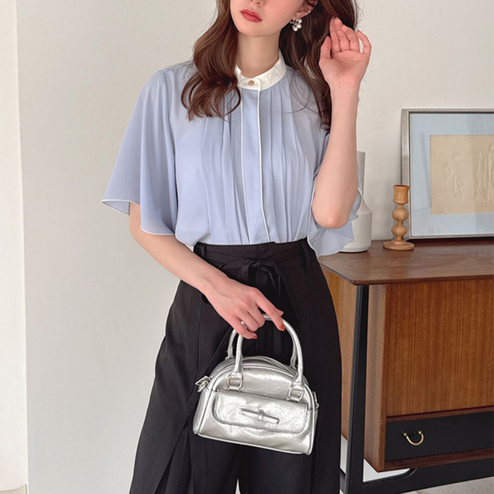 甜美皺摺雪紡五分袖襯衫-藍 (F)