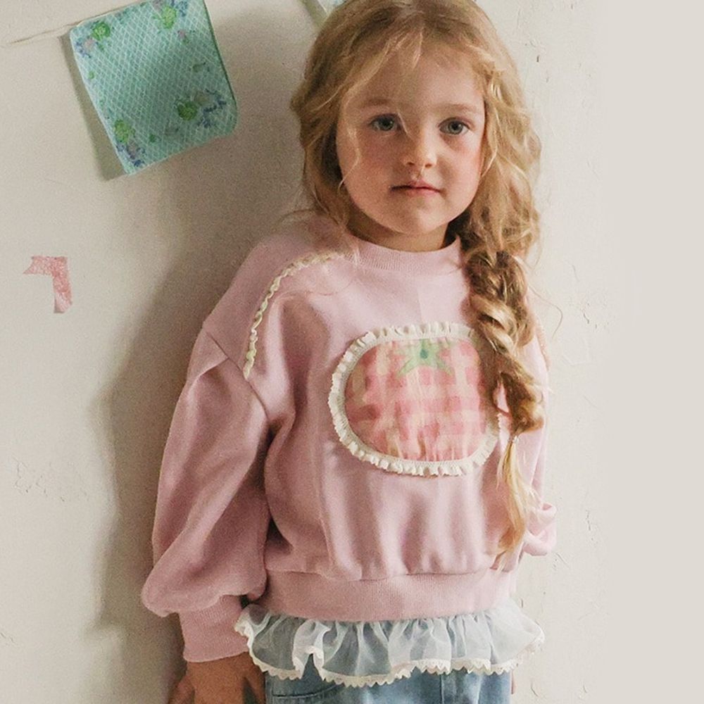 Puellaflo 格紋蕃茄拼接網紗長袖大學T-粉