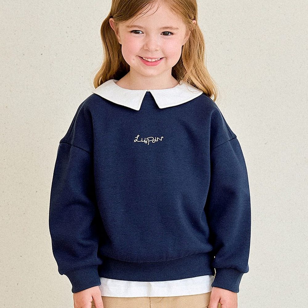 (內刷毛)刺繡文字大翻領長袖大學T-海軍藍