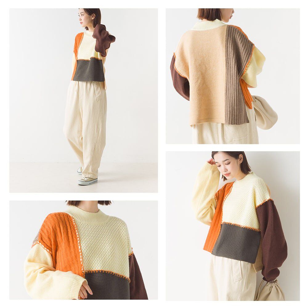 日本 OMNES - 蒙德里安幾何撞色短版毛衣-橘x米