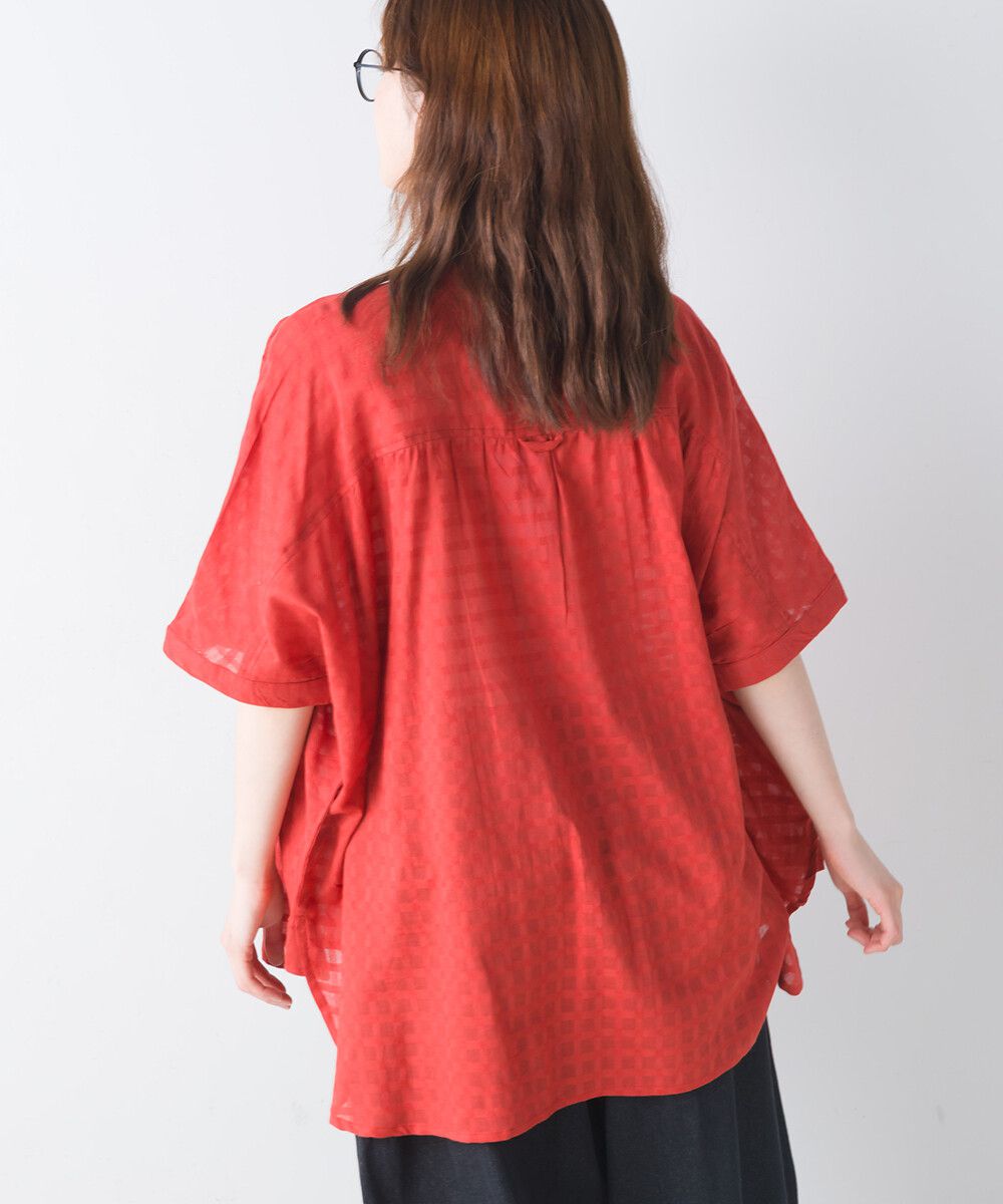 日本女裝代購 - 100%印度棉 透氣淺格紋短袖襯衫-活力紅