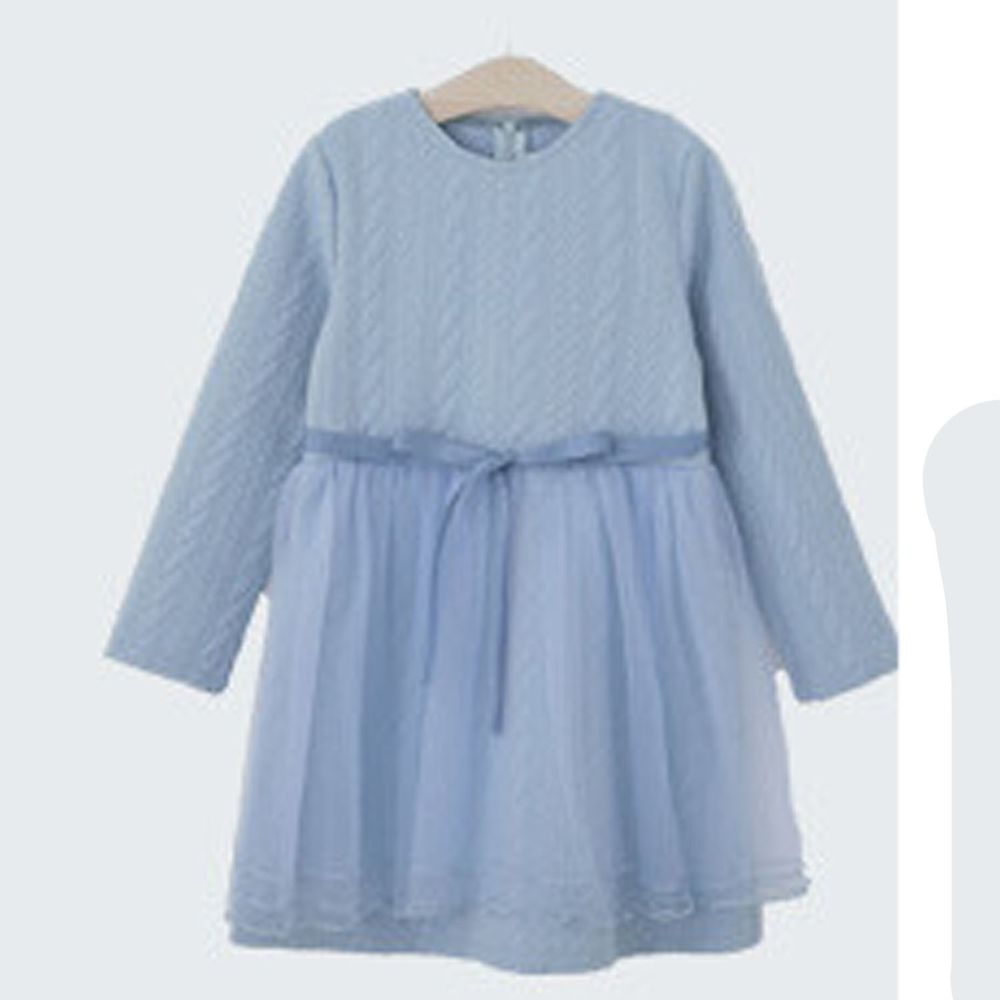 日本 Maison de Ravi - 針織紋拼接薄紗長袖洋裝-21'-星塵藍