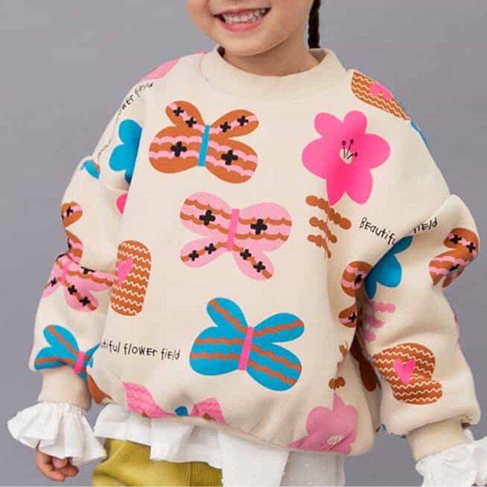 甜蜜印花裏毛長袖上衣-花與蝴蝶-象牙