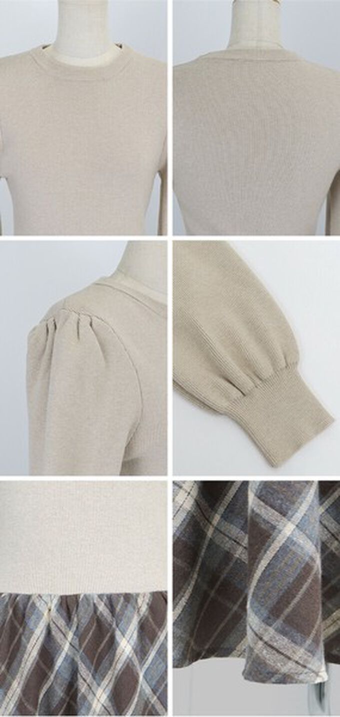 日本 BLUE EAST - 美型修身小澎袖針織長袖洋裝-格紋拼接-海軍藍