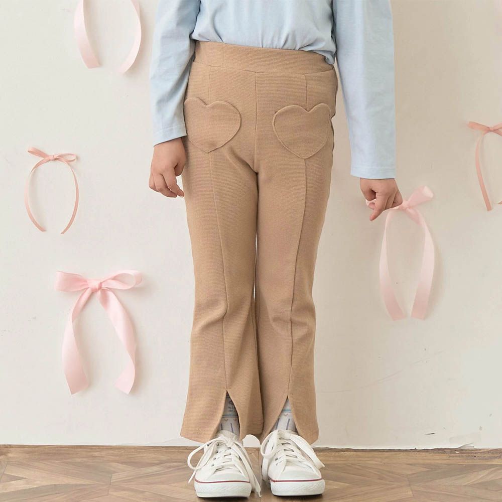 愛心口袋開衩微喇叭長褲-卡其棕