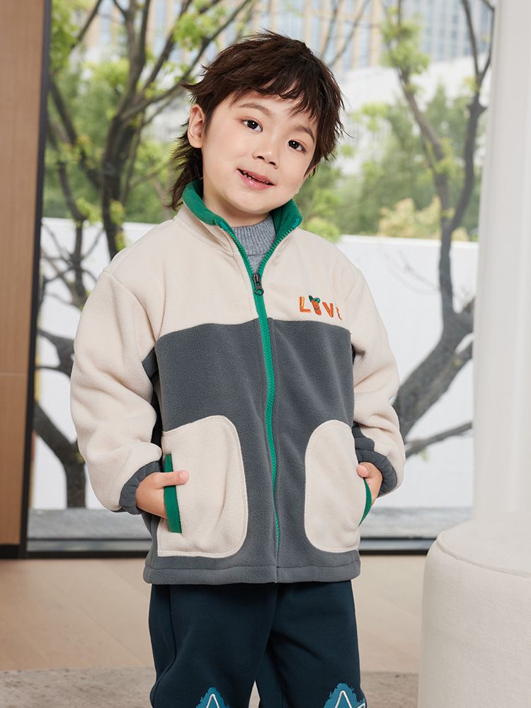 搖粒絨保暖兒童外套-LIVE-灰+杏