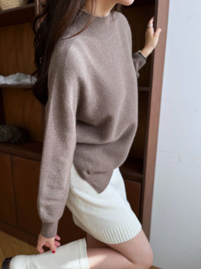 韓國女裝連線 - 斜角側開衩混羊毛針織長袖上衣-可可 (FREE)