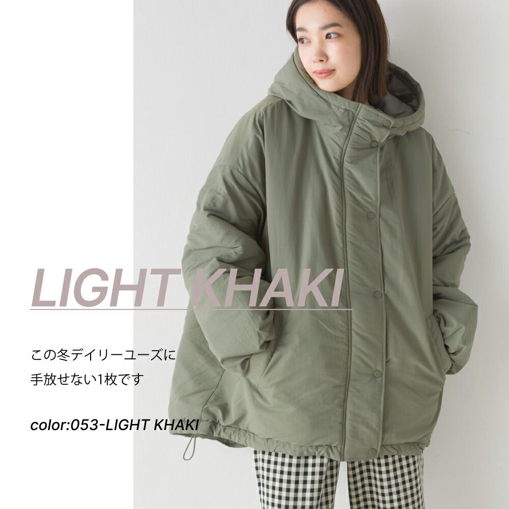 日本 OMNES - [防風機能]立領寬版連帽鋪棉外套-軍綠