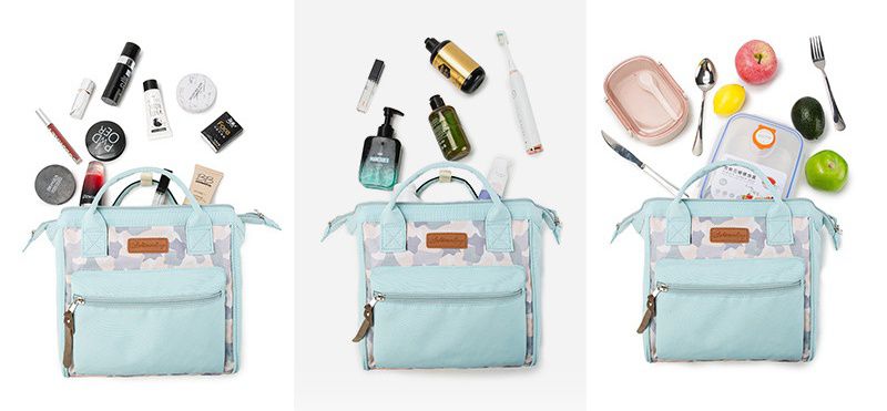 多功能防水手提包/媽媽包-花與葉子-米白+綠+粉 (22x23.5x13.5cm)