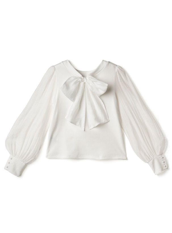 日本 GRL - 2WAY光澤蝴蝶結薄紗拼接上衣-淺灰藍