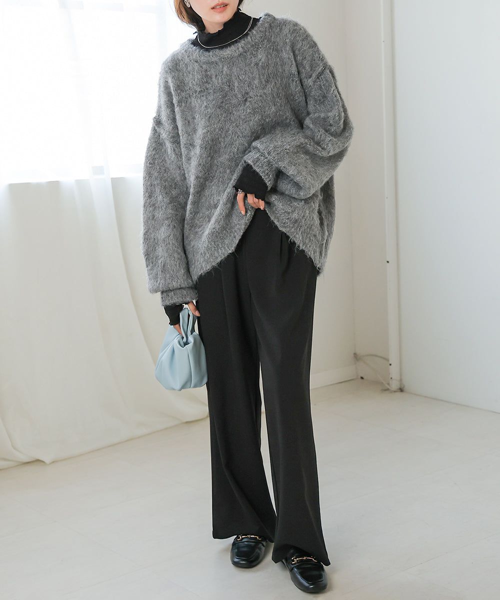 日本 Bab - 澎袖毛海溫柔廓形針織上衣-淺灰