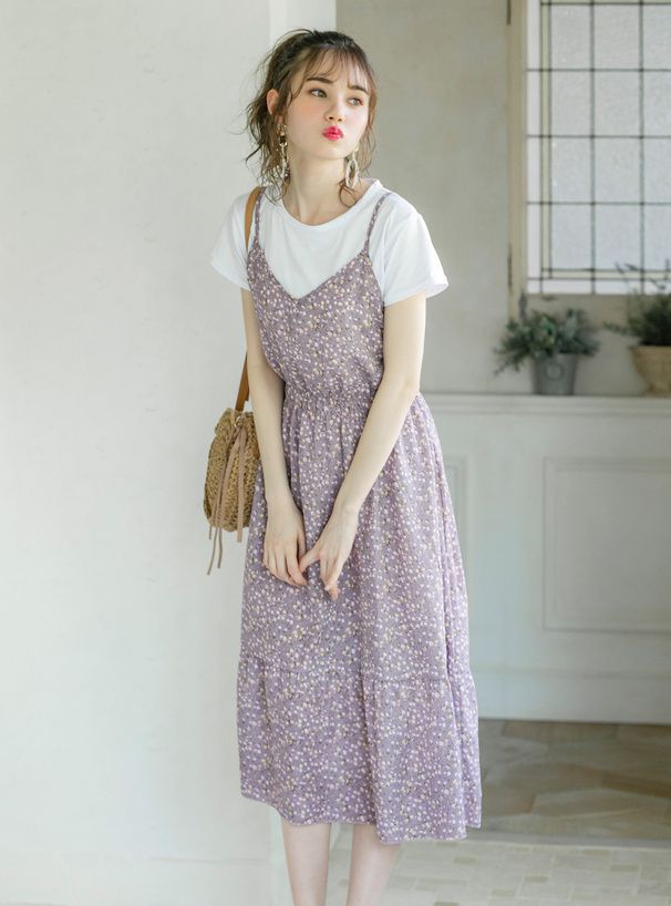 日本 GRL - 短袖上衣x浪漫碎花收腰吊帶裙2件組-丁香紫 (M)