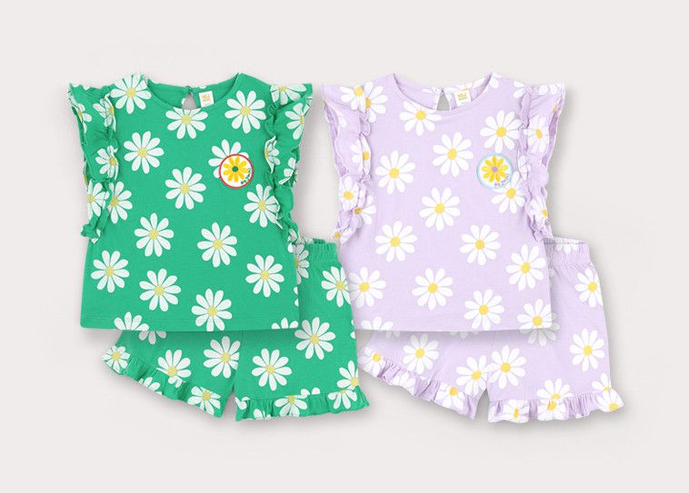 韓國 HEJMINI - 荷葉袖滿版雛菊套裝-紫