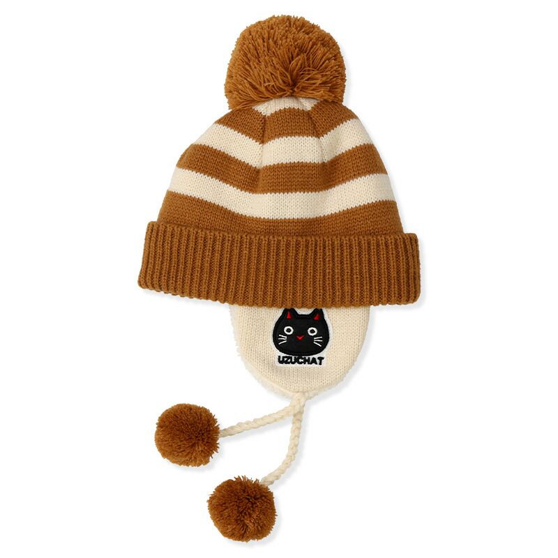日本 ZOOLAND - 防寒刷毛保暖針織毛帽-小貓條紋撞色-粉x橘 (頭圍(50-54cm))