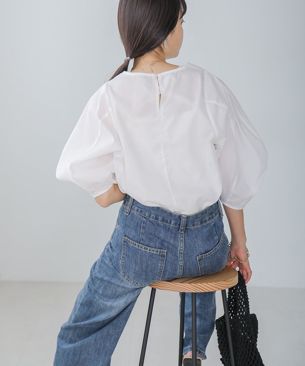 日本 Bab - 圓領百搭氣球袖上衣-淺綠