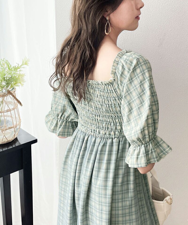 日本 Classical Elf - 歐風文藝泡泡袖紗拼接洋裝-格紋-草綠