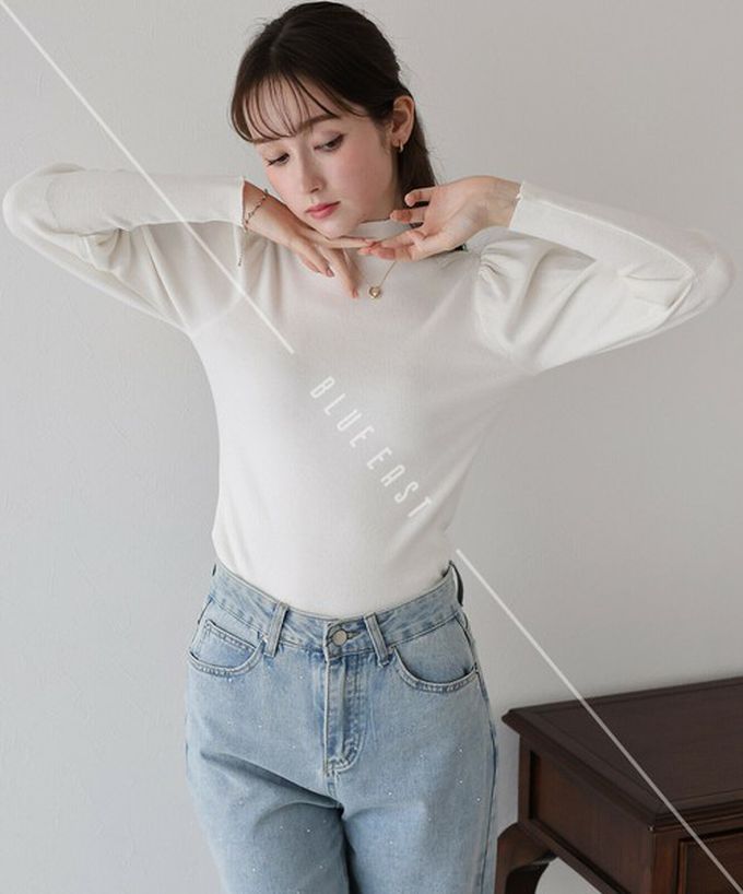 日本 BLUE EAST - 宮廷風百搭針織微高領長袖上衣-米杏