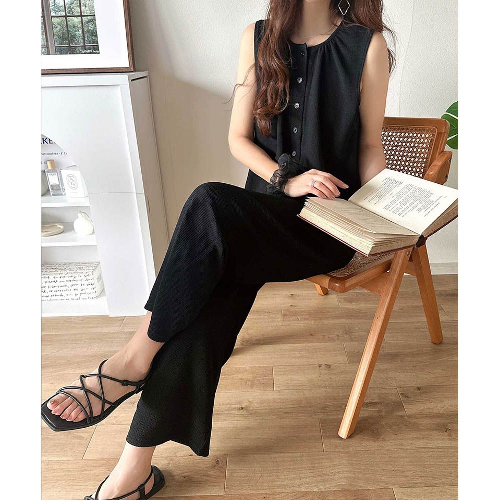 亨利領簡約風紋理連身褲-黑