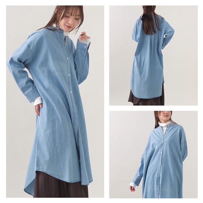 日本 OMNES - 柔軟丹寧風輕盈圓弧下擺長袖洋裝-淺藍