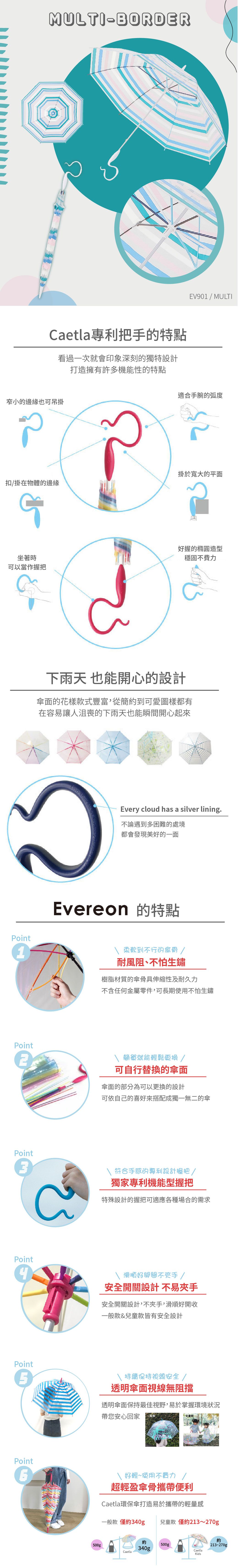 日本Caetla - Evereon可替換式環保輕量傘-糖果條紋-糖果藍