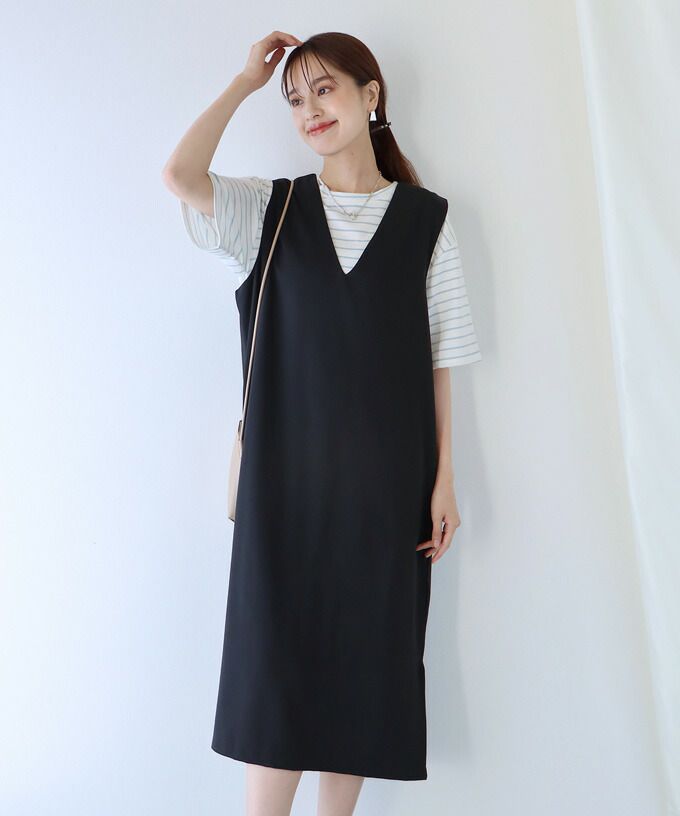 日本 BLUE EAST - 2WAY率性簡約V領連身洋裝/背心裙-黑