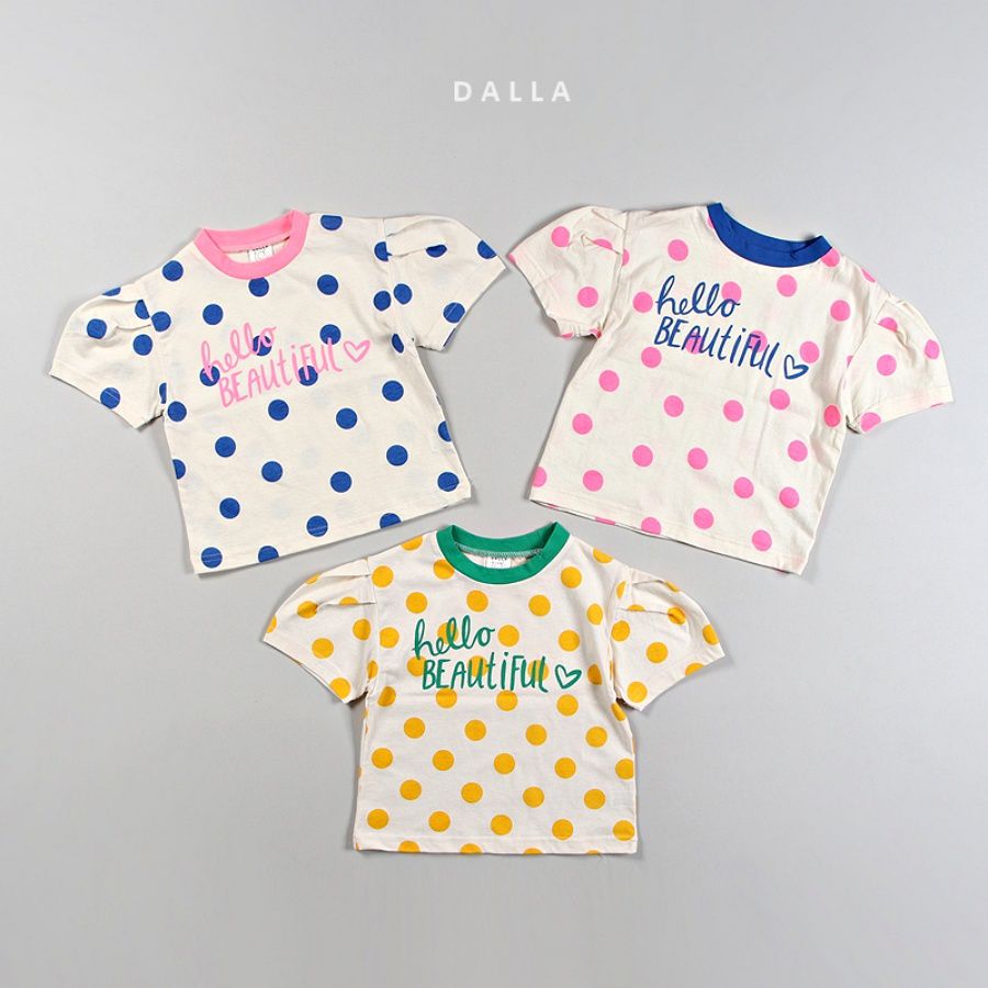 韓國 Dalla - 波點泡泡袖純棉T-粉紅波點