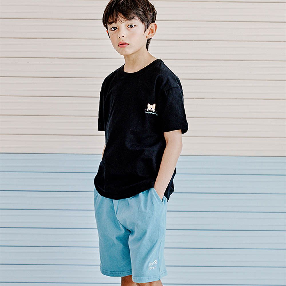 舒適純棉短袖套裝-刺繡狗狗-黑X薄荷藍