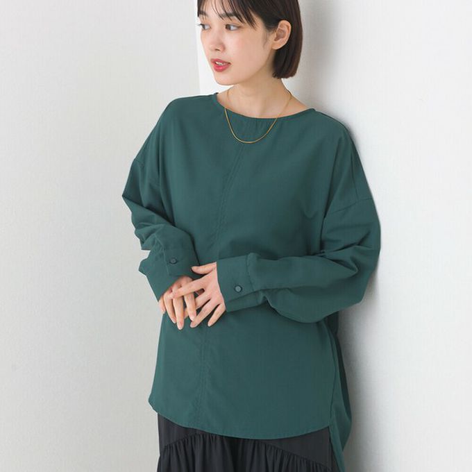 日本 OMNES - 圓弧優雅前短後長修身船領上衣-芥末黃