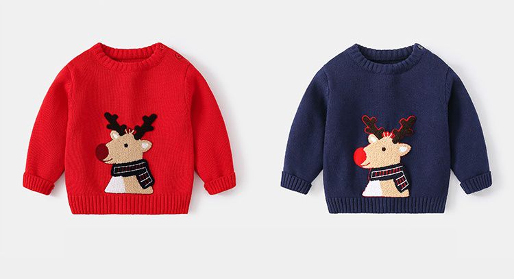 WELLKIDS - 圓領長袖針織毛衣-麋鹿-深藍色