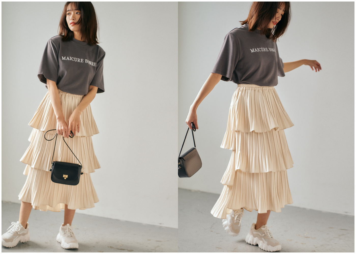 日本 GRL - 2way多層次前短不一貝殼蛋糕百褶裙-淺灰杏