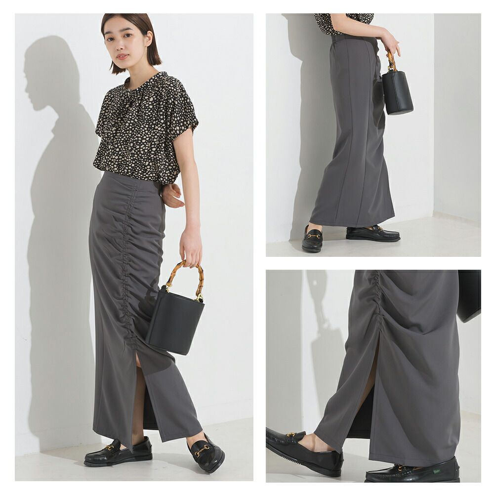 日本 OMNES - 優雅抽繩小開衩修身長裙-淺卡其