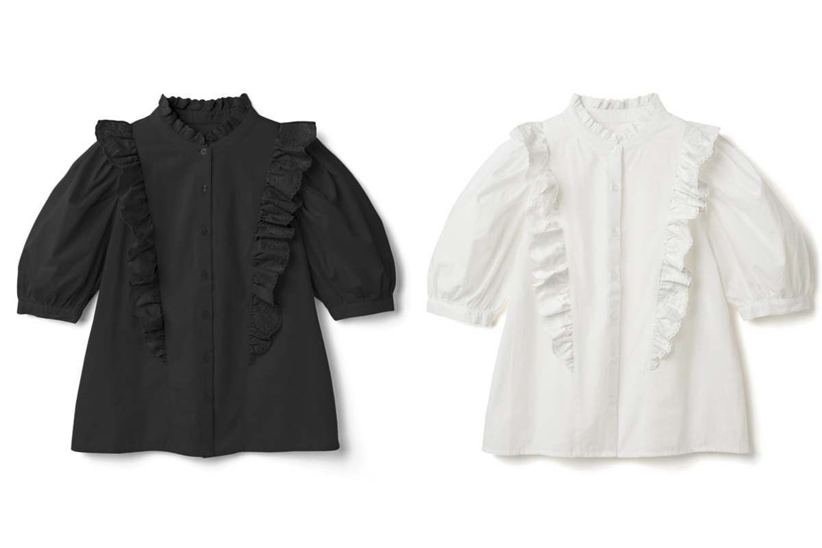 日本 GRL - 古典雕花蕾絲五分袖襯衫上衣-天使白