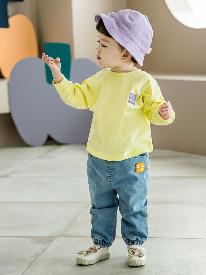 韓國 Pimpollo - 品牌布貼裝飾圓領長袖上衣-黃