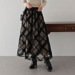 日本 BLUE EAST - 華麗雙層薄紗魅力長裙(可選長度)-格紋-黑