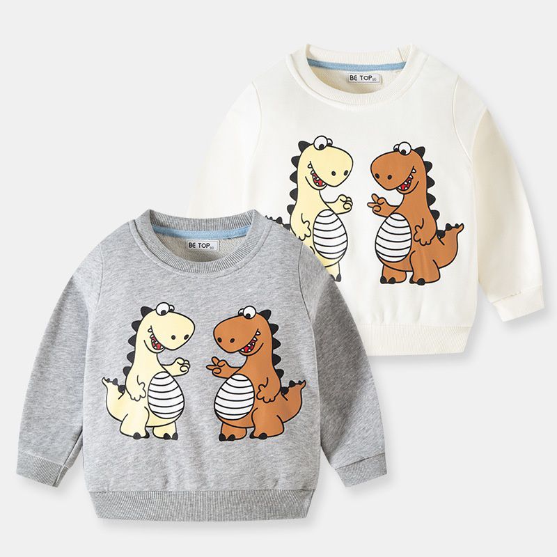 純棉圓領長袖上衣/大學T-呆萌恐龍兄弟-米白色